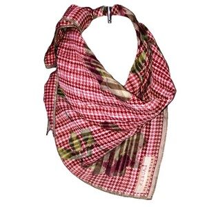 Ralph Lauren Vintage Houndstooth Rose 100% Printed Silk Red Gold Scarf 21”x21”.